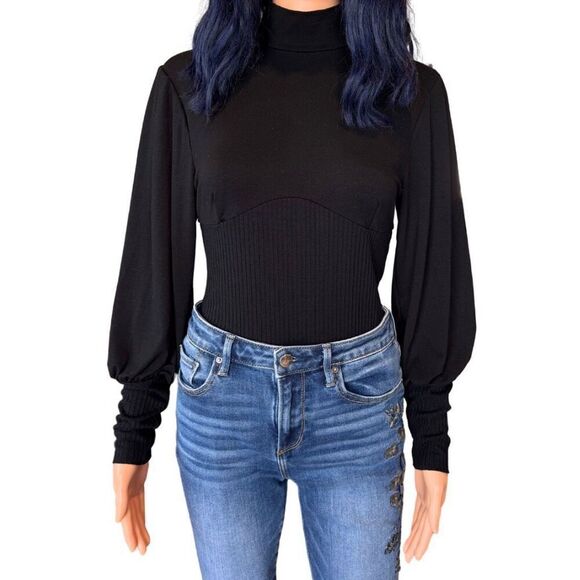 NWT Only Hearts Black Eco Rib Poet Sleeve Bodysuit - Picture 7 of 8